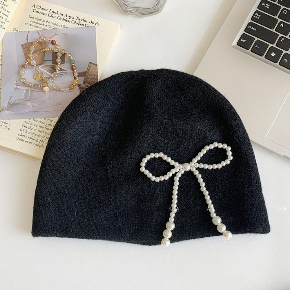 Casual Pearl Bow Beanies Cap Solid Color Korean Wool Hat Stacking Knitted Bonnet Cap  Girls