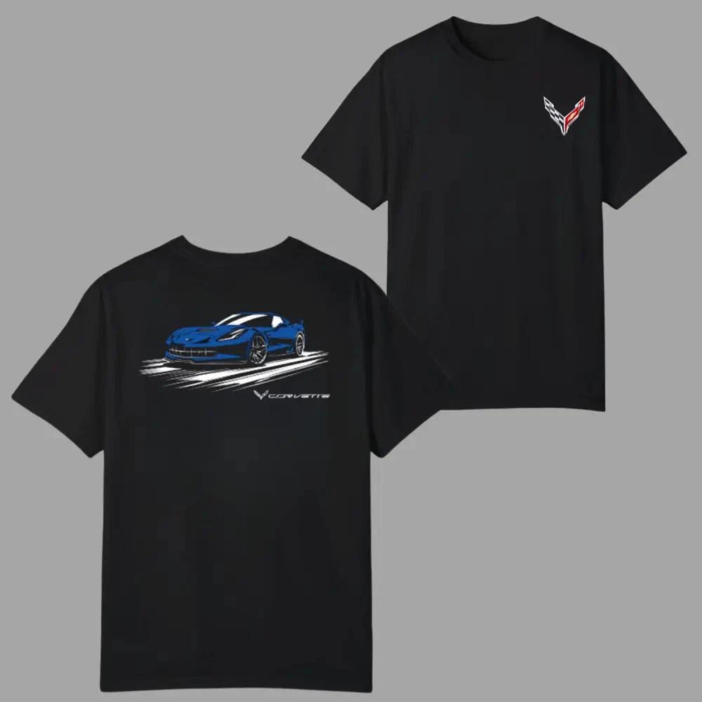 Corvette C7 Car T-shirt, Blue Sports Car Graphic 2 Sides, Front Corvette Racing XL