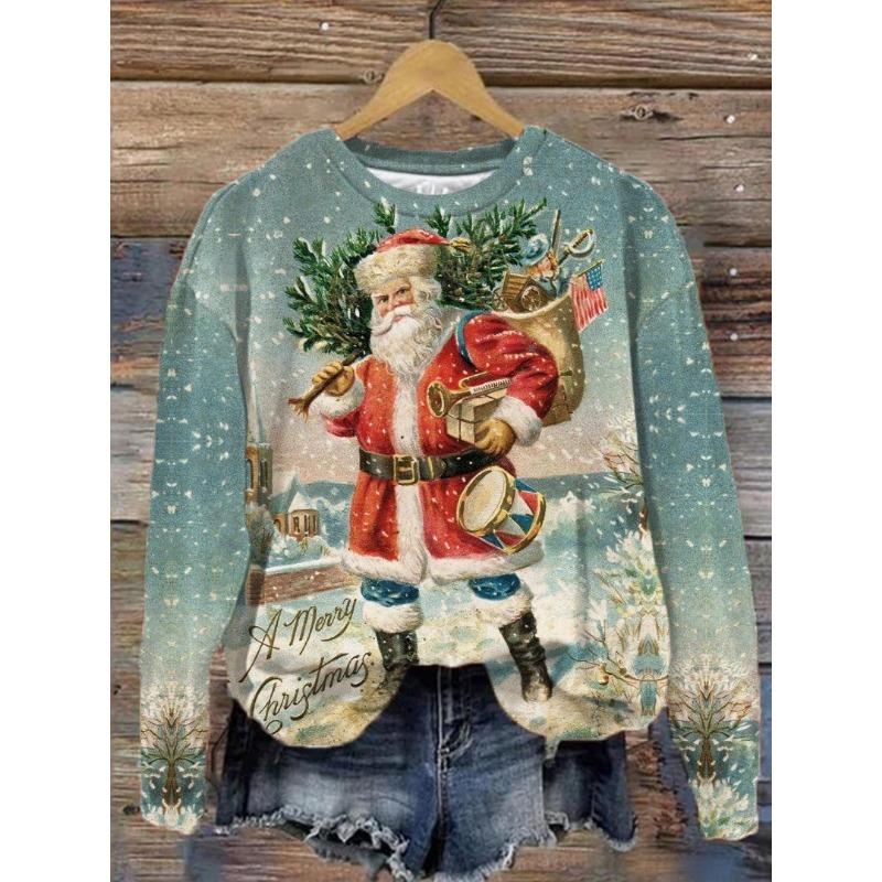 Autumn and Winter Christmas 3D Digital Printing Santa Loose Long Sleeve Crew Neck Hoodies and Sweatshirts