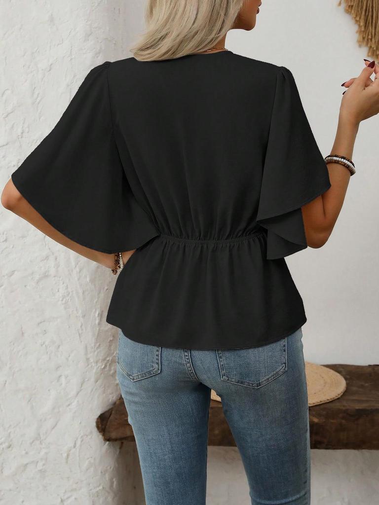 2026 European Style V-neck Waist-cinching Women's Short-sleeved Top