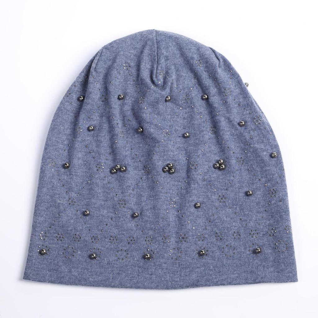Women's Autumn Winter Double Layer Cotton Hot Diamond Binding Bead Pullover Versatile Warm Hat KTY
