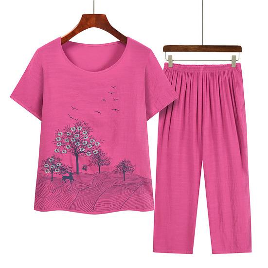 Conjunto de Pijama Feminino com Gola Redonda, Manga Curta e Calça Cropped Conjuntos para Relaxar Verão Floral Roupa de Dormir Conjunto Combinando