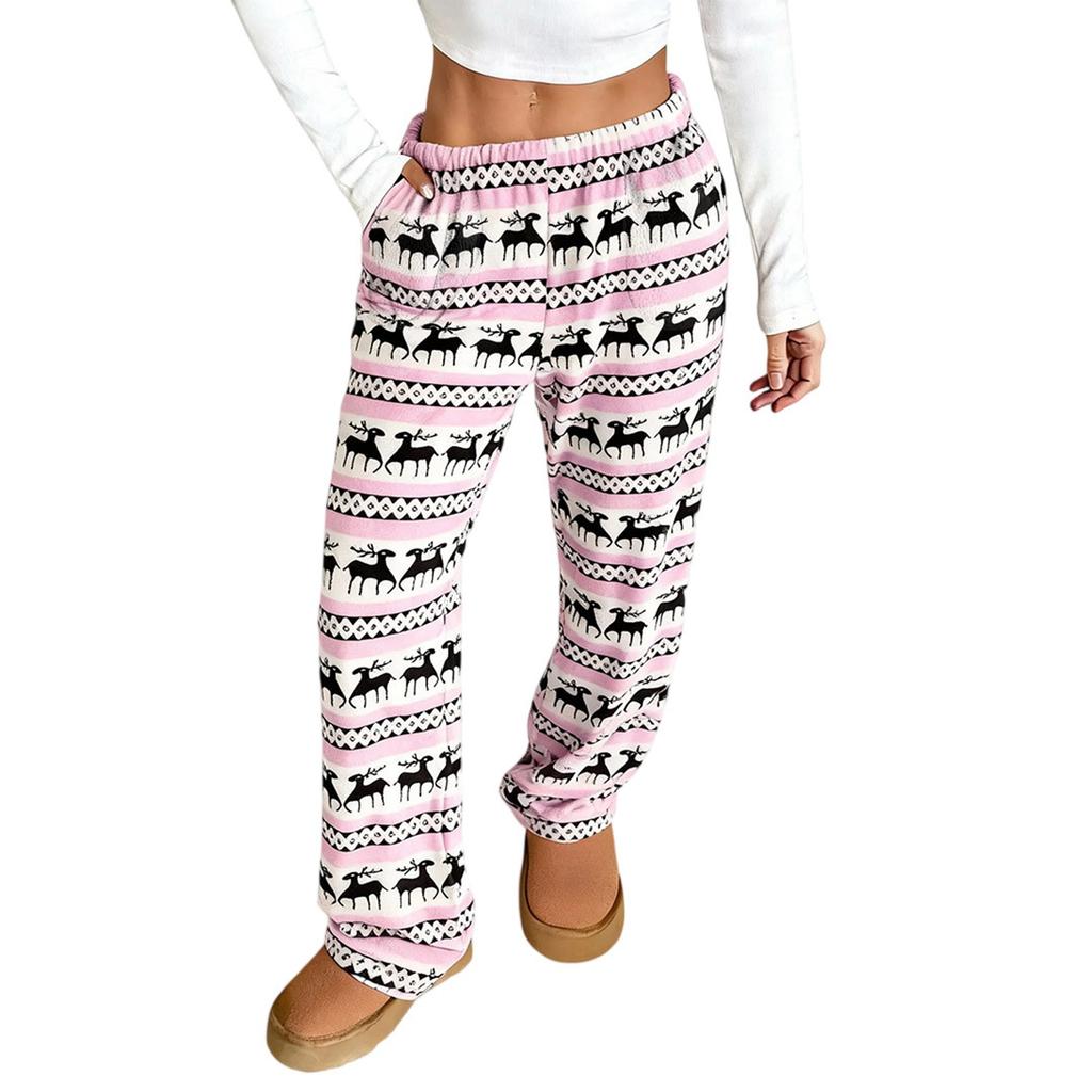 Women Pajama Pants Plush Sleep Pants Soft Elastic Waist Pajama Bottoms Patterned Pants With 2 Pockets