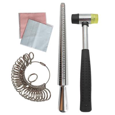 5-PCS Set Ring Sizer Measuring Tool Kit Ring Deformation Correction with Ring Mandrel, Ring Gauge Finger Sizer, Jewelry Hammer,  Polishing Cloth