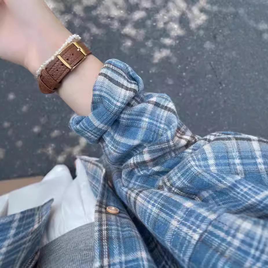 Women's Harajuku Style Blue Plaid Oversized Long-Sleeve Shirt - Casual, Versatile for Spring & Autumn