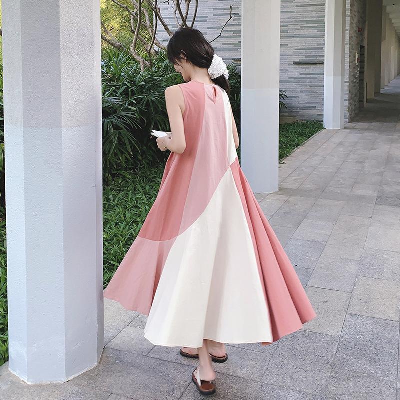 Real Shot Pink Splicing Big Skirt Dress Women's Summer New Holiday Style Super Good-looking Temperament Thin Vest Long Dress