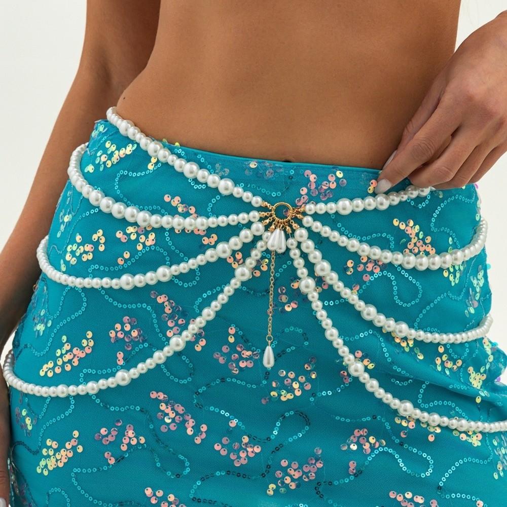 Golden Multilayer Body Chain Y2K Beadeds Body Chain Fashion Pearl Waist Chain Character Playing