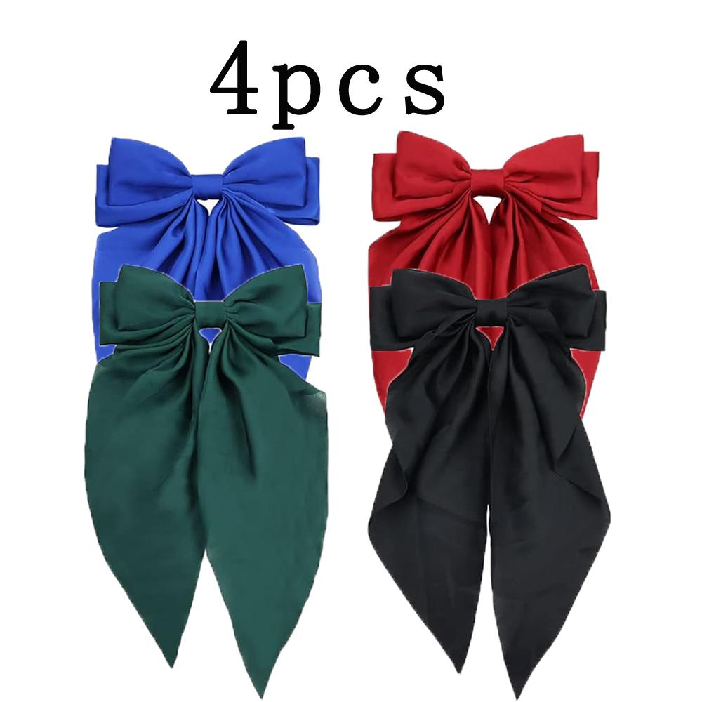 4/8pcs Ladies Satin Large Ribbon bow Oversized bow Long tail hair clip spring clip ponytail Hair accessorie
