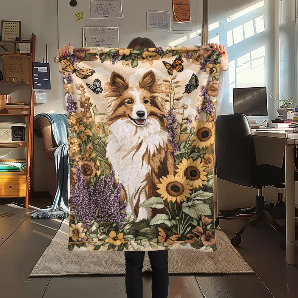 1 Stück Hunde- und Sonnenblumen-Print Flanelldecke, Hohe Qualität, Bequem für alle Jahreszeiten, Heimdekoration, Wärme und Komfort, Perfekt für Weihnachtsgeschenke