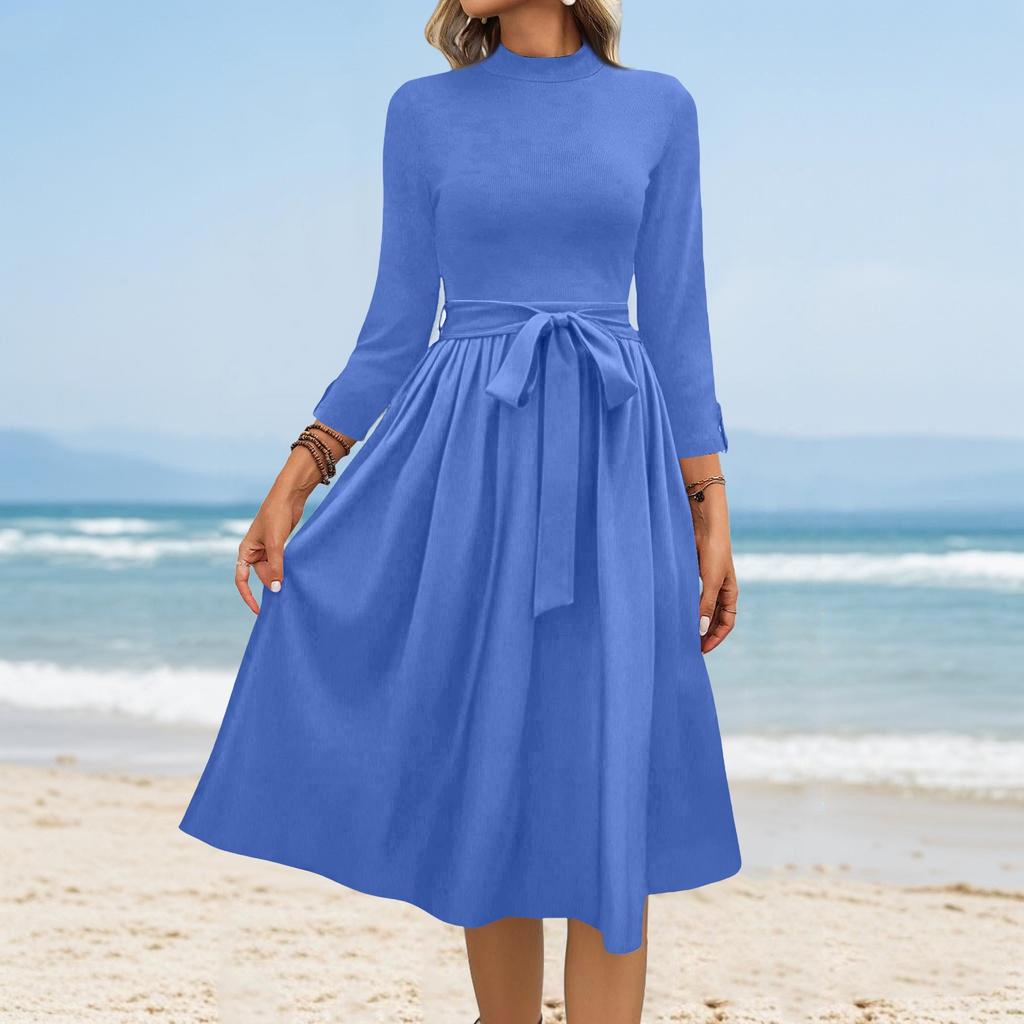 Women's Fashion Casual Belt Seven Sleeve Round Neck Solid Color Temperament Dresses