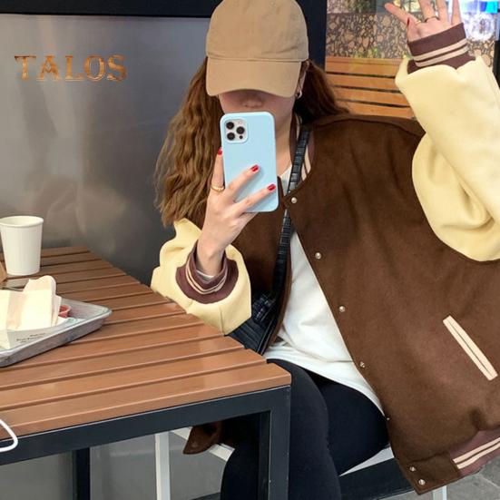 Damer Baseballjakke Fargeblokk Elastisk Mansjett Kant Ståkrage Unisex Løstsittende Overbekledning Enkeltspent Retro Amerikansk Stil Streetwear Parjakke