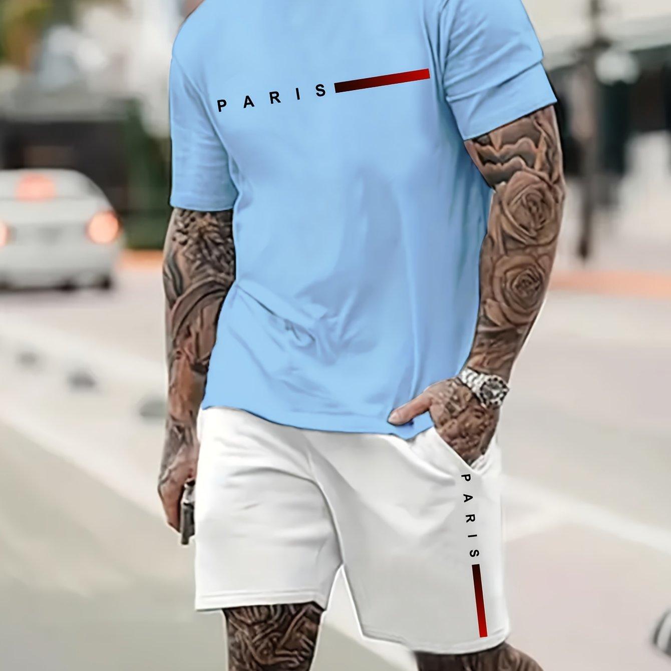 

Parisian Chic Mens Short Sleeve Graphic Tee & Drawstring Shorts 2-Piece Set - Stylish Casual Sportswear Outfit for Spring Summer 6XL