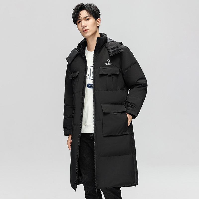 Down jacket men's medium and long white duck down hooded jacket winter trendy brand large size couple thickened warm coat men