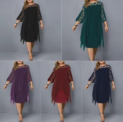 Φόρεμα σιφόν ευρωπαϊκής και αμερικανικής ραφής με δαντέλα με μανίκια 3/4 & ακανόνιστο στρίφωμα