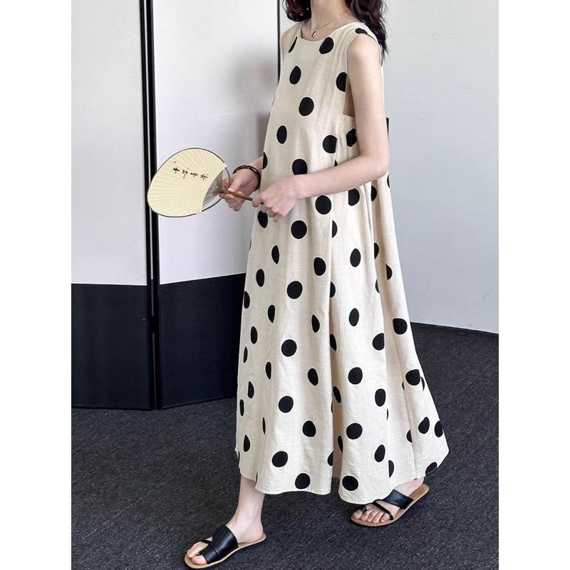 Light-colored Sleeves Cut, Shoulders Dug, Polka Dots Cotton and Linen Vest, Dress Forwomen,simple and generousKorean Atmosphere, Old Money Style Skirt