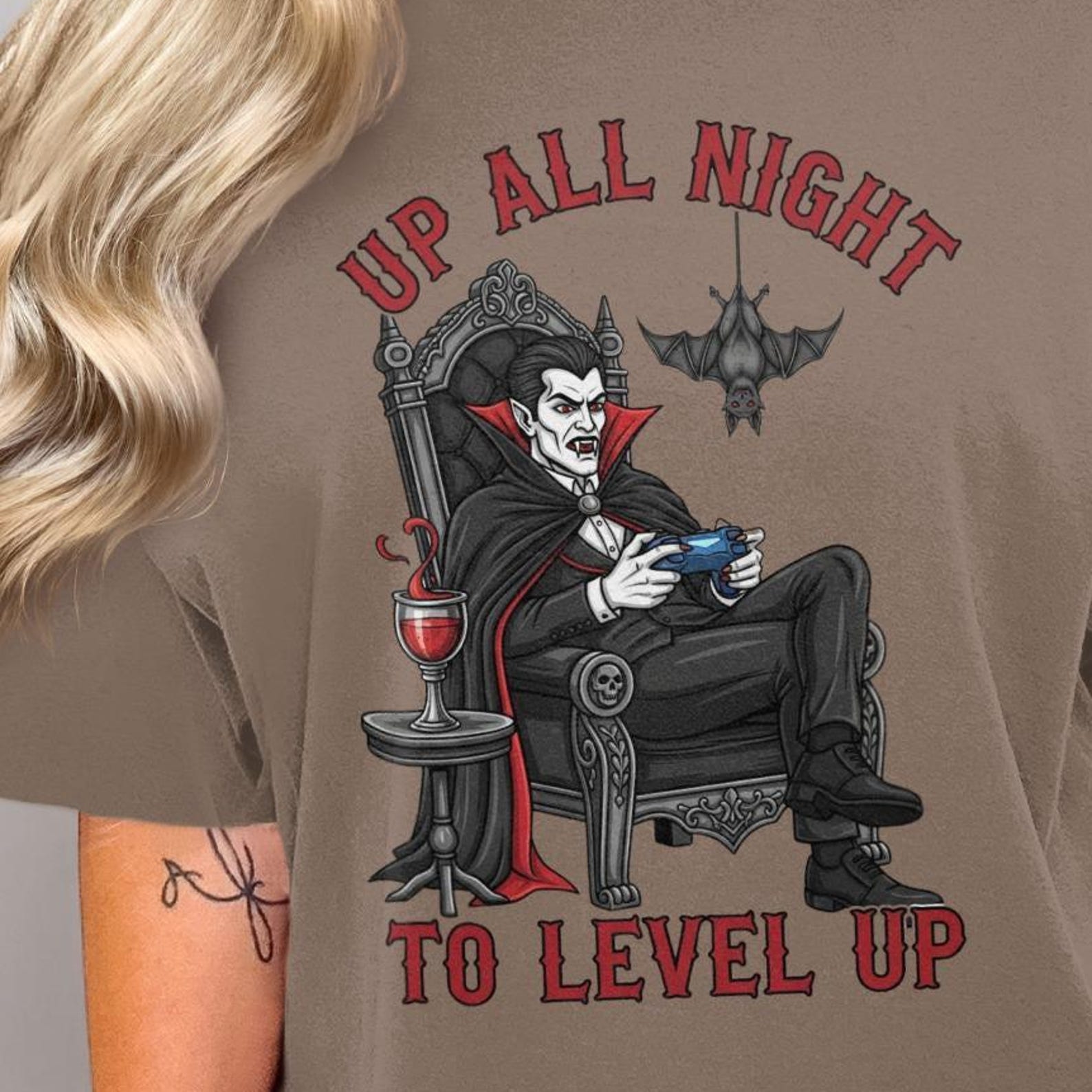 Vampire Gamer T-Shirt, Up All Night to Level Up, Gamer Girl, Gamer Gift, Cozy Gaming, Comfort Colors, Video Game Shirt, Stardew Valley Gift 4XL