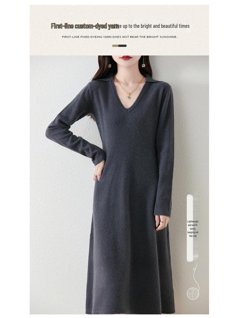 Women's 100% Pure Wool Mid-Length Knit Sweater Dress - Slimming Autumn/Winter Base Layer Long Skirt