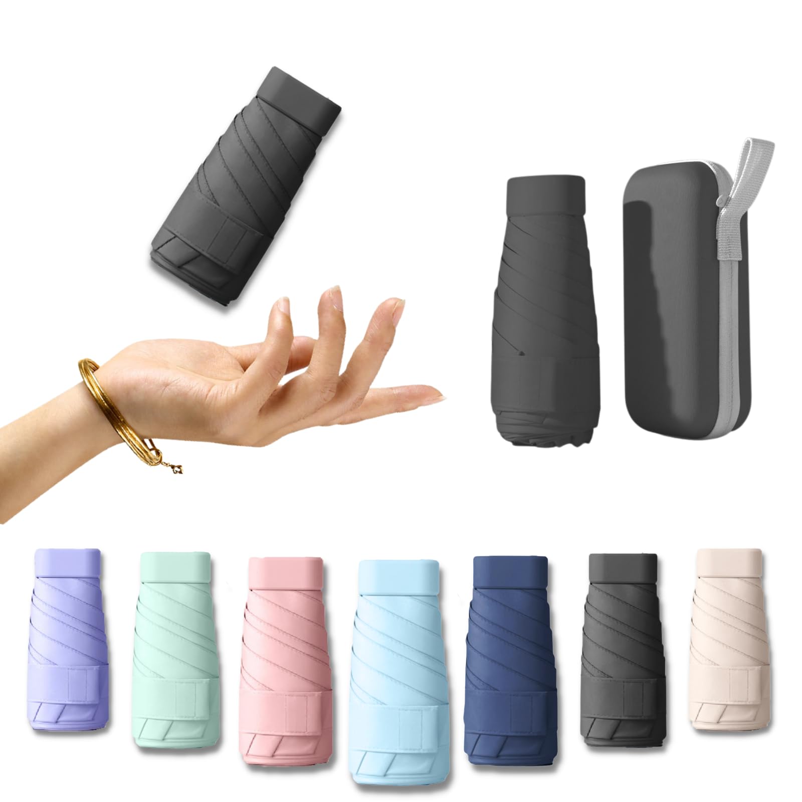 

Prv Складной зонт с чехлом для хранения 15 см Дождь или Большие спицы УФ-защита Тепло Складной зонт для мужчин и женщин Чехол, (Сложенный) (100см/225г), чёрный