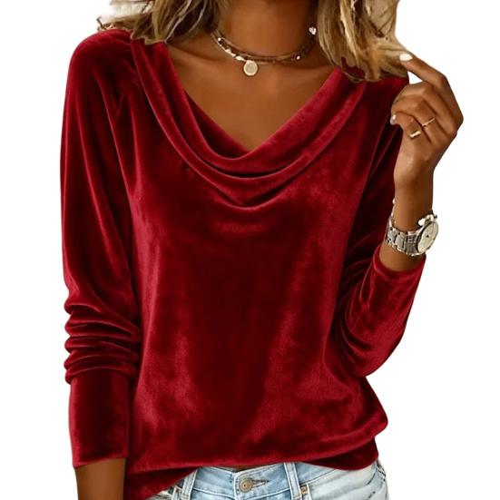 Women Tops Swing Collar Long Sleeve Velvety Fabric Solid Color Pullover Tops Golden Velvet Casual Blouse Office Date Wear