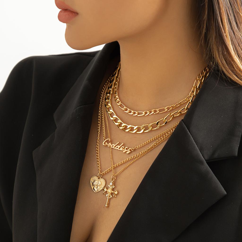 Vintage multi-layer heart-shaped relief portrait cross necklace