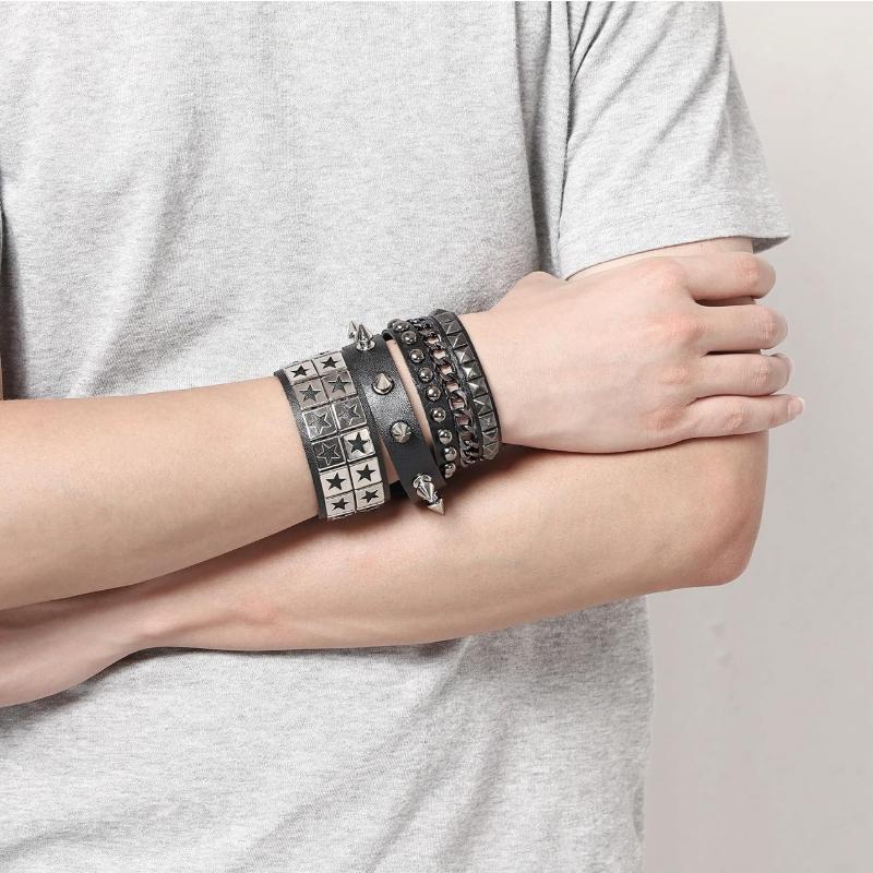 1Pc/4pcs Fashion Multi-layer Wide Leather Bracelet Punk Domineering Rivet Five-pointed Star Wrist Strap Personalized Bracelet