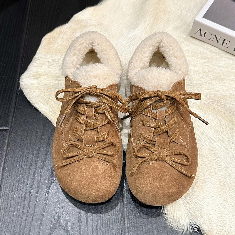 Fleece Cotton Shoes Women's Winter 2025 New Maillard Lace-up Bow Fleece Warm Casual Height-increasing Fleece Cotton Shoes