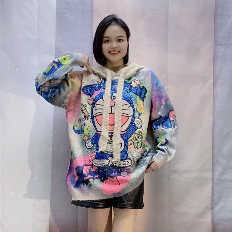 Korean Oversized Rhinestone Hooded Sweater Trendy Women's Autumn Print Knitted Top