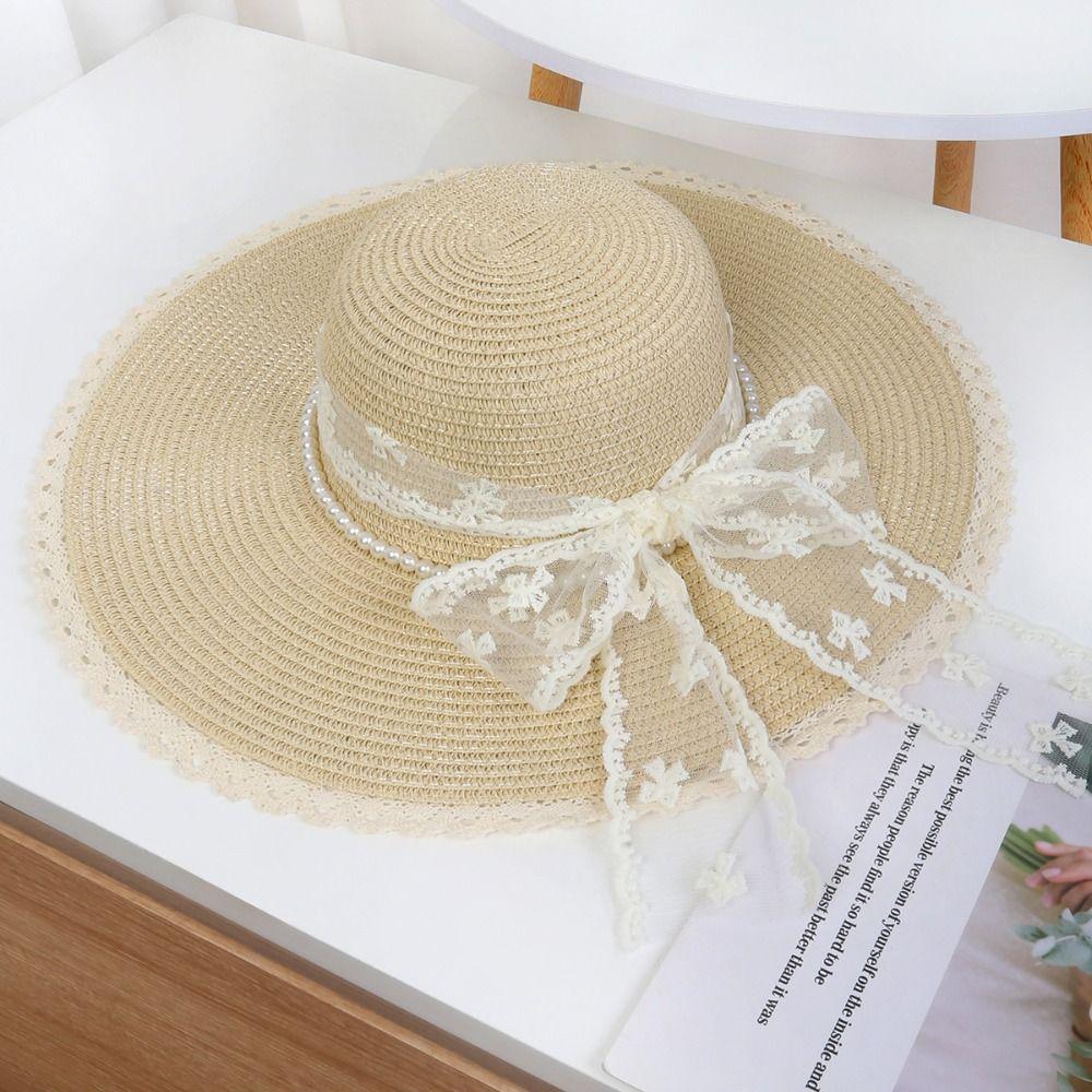 Elegant Wide Brim Straw Hat Breathable Lace Tied Sun Hat Casual Beach Hat  Girls