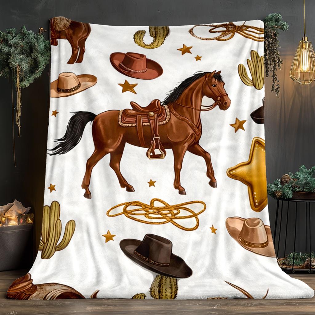 Western Cowboy Horse Star Cactus Pattern Blanket Rustic Decor Country Style Throw Blanket Soft Fleece Blanket Living Room Gift