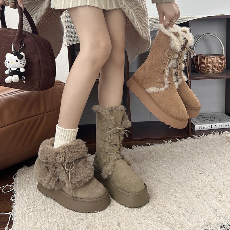 Fashion khaki platform versatile tall snow boots women's 2025 autumn and winter new warm and heightening snow boots cotton shoes
