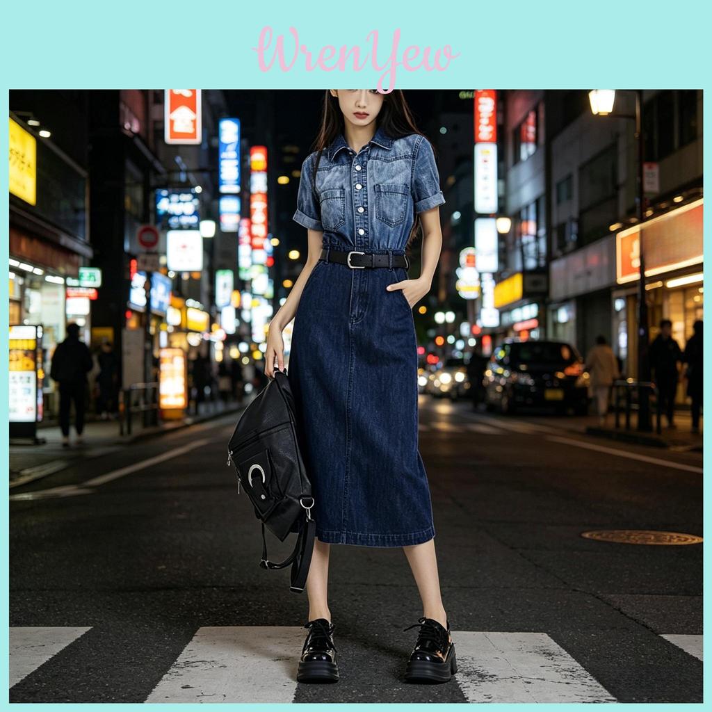 Denim Dress With Gradient Color And Polo Collar For Summer Casuals