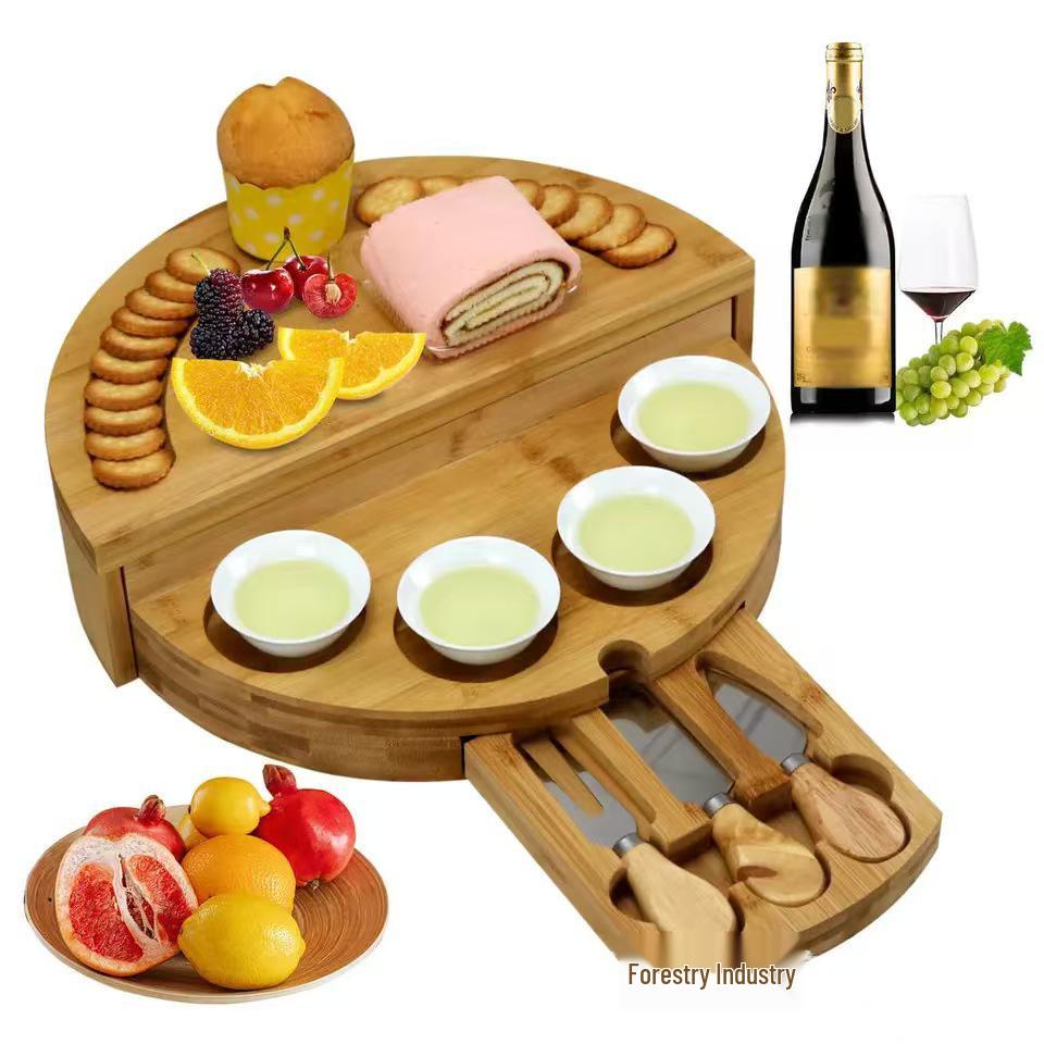 Bamboo & Wood Cheese Cutting Board Set with Drawer: Round Pizza Board & Bread Pastry Plate