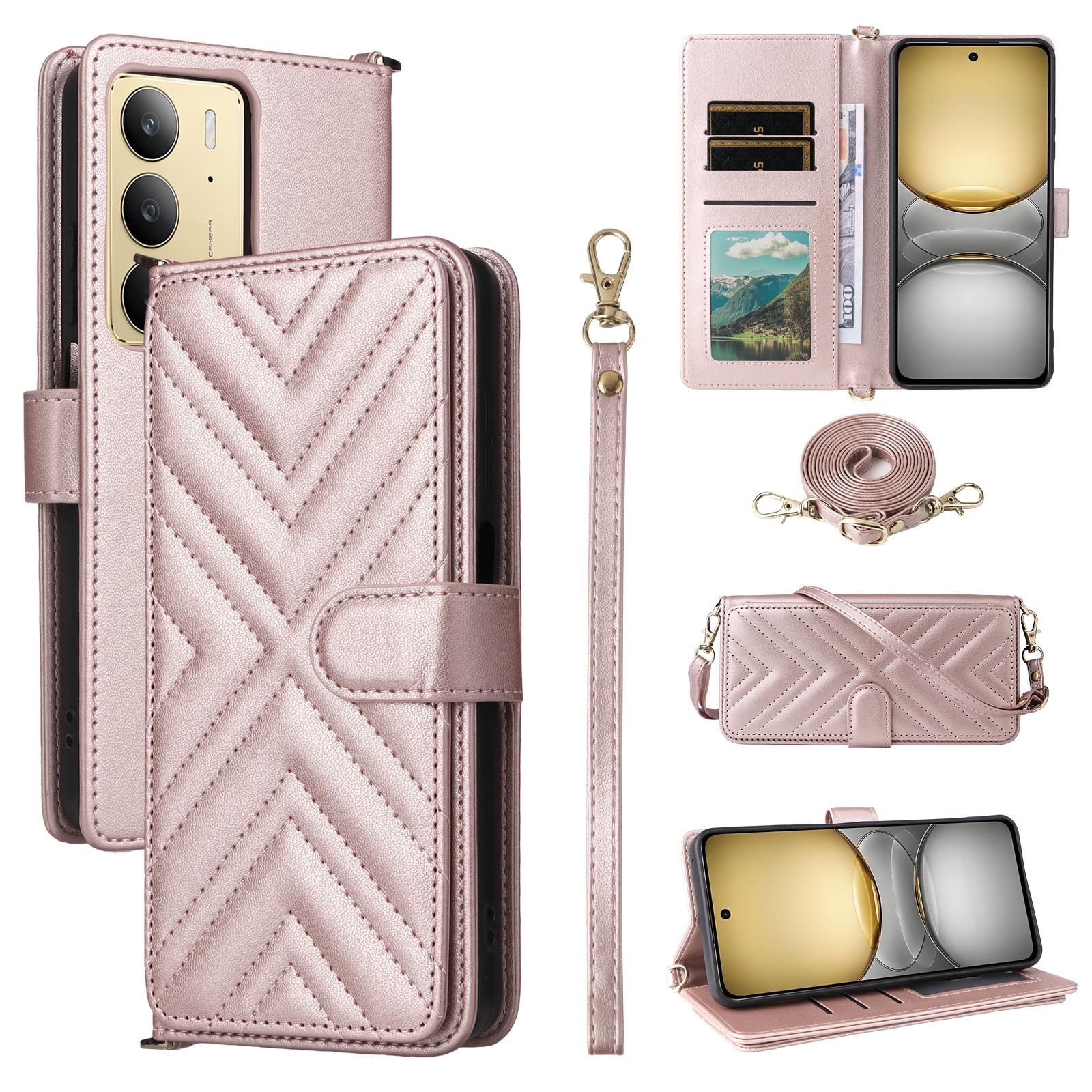 

Wallet Phone Case for Realme 14x 5G/V60 Pro 5G/C75 4G Leather Phone Cover with Shoulder/Wrist Strap- Black B