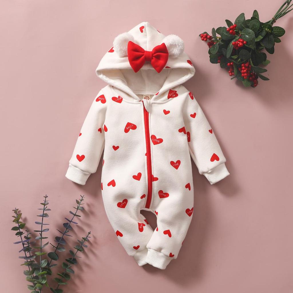Kapuzen-Strampler für Babys und Kleinkinder: Reißverschluss mit Schleife, Erdbeerdesign, für 0-2 Jahre, Herbst/Winter Strampler.