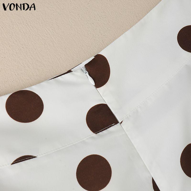 VONDA Women Zip-up Waist Casual Polka Dots Print Swing Pleated Skirts