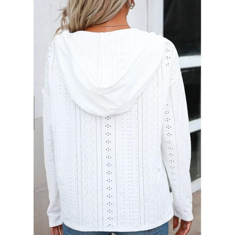 Felpa con cappuccio a occhielli e bottoni a tinta unita, felpa casual a maniche lunghe con coulisse, abbigliamento da donna