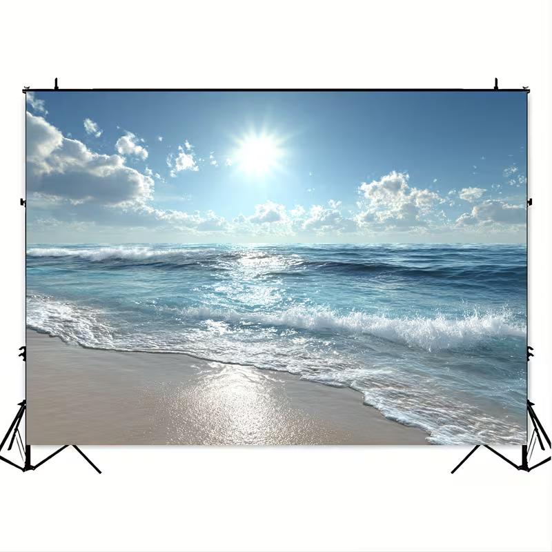 2D Bright Coastal Tapestry Ocean View with Sparkling Sunlight and Turquoise Waves Wall Art