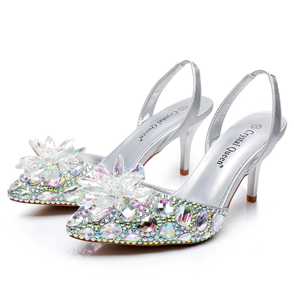 7cm Silver Light Mouth Pointed Sandals Rhinestone Glass Flower Thin Heel Sandals Large Size Wedding Shoes Bride Wedding Women's Shoes