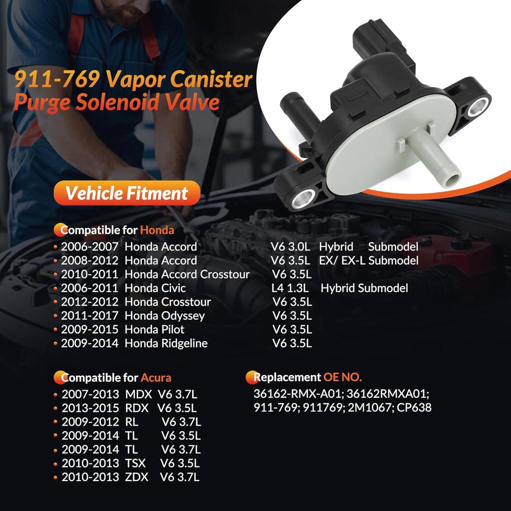 36162-RMX-A01 911-769 Vapor Canister Purge Valve Solenoid EVAP Compatible With Honda Odyssey 2011-2017, Pilot 2009-2015, Accord 2006-2012, Civic &