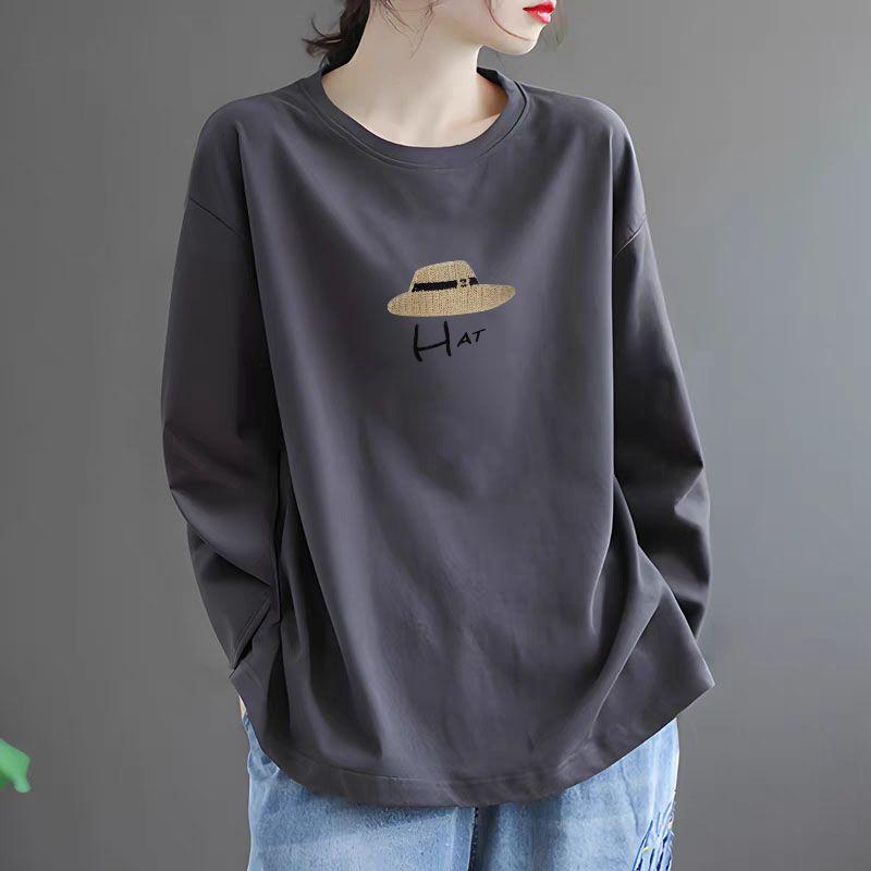 

Export Export Big Brand Big Sale 100% Pure Cotton round Neck Women s Print Long Sleeves Younger Underwear Blouse Innerwear T-shirt Tops Gray [straw HAT]] L [Suggested 57.50 kg-65.00 kg]]
