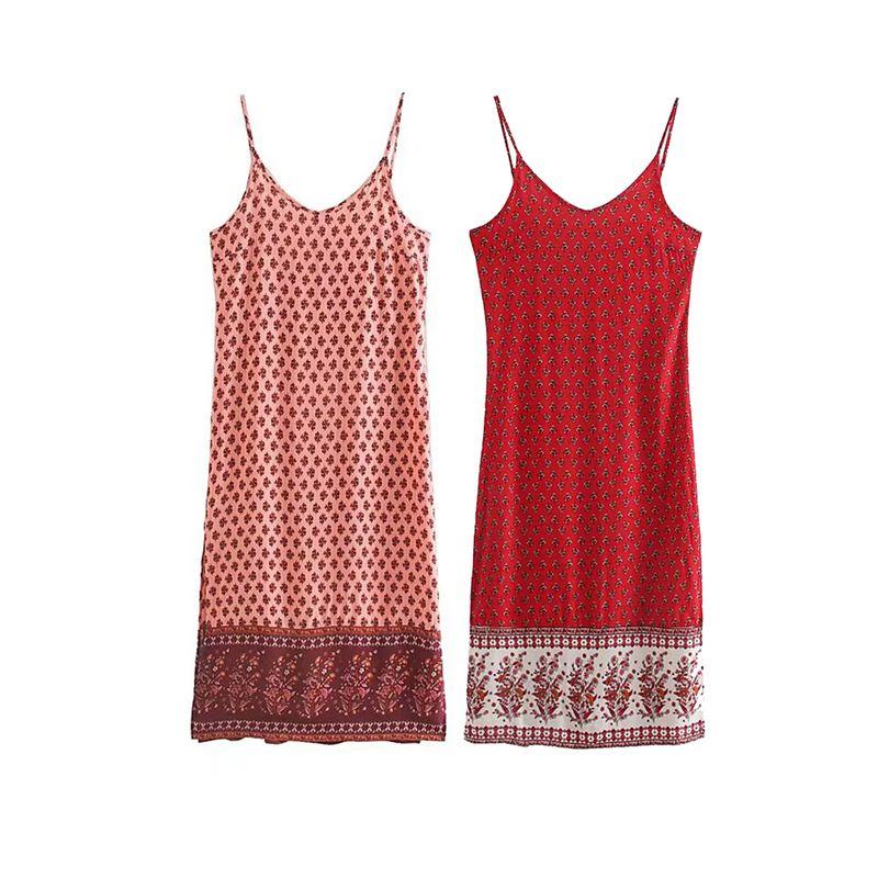 Kaslead New Women clothes Western Style Fashion Red Cashew Nut Rayon Positioning Print Suspender Skirt