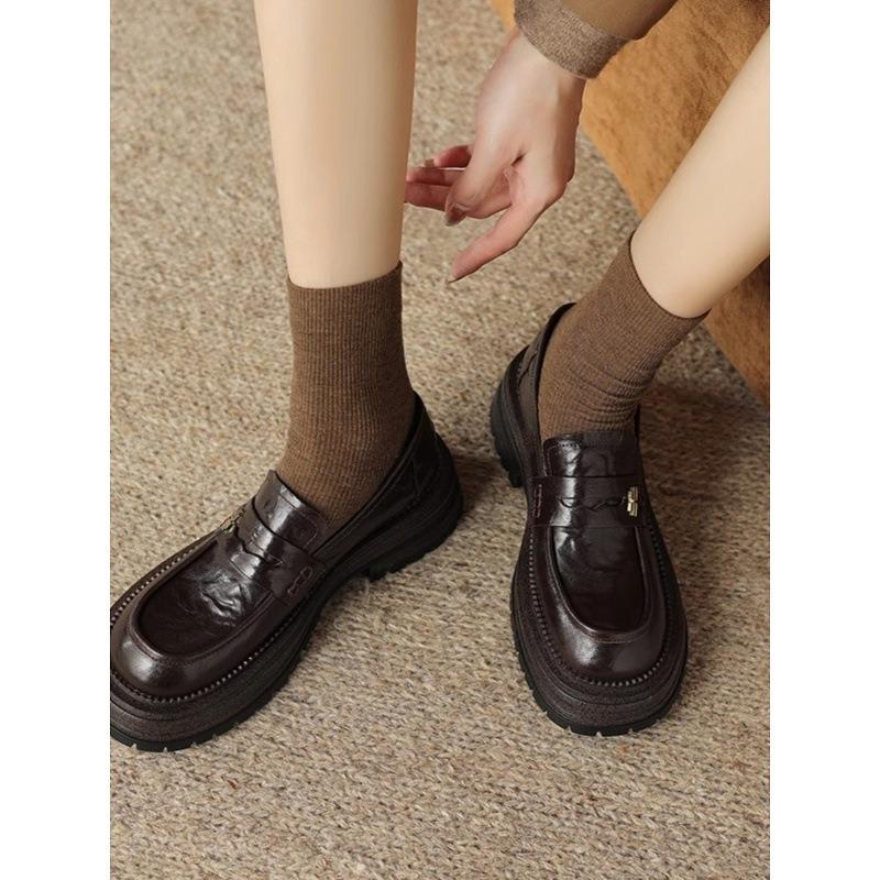 Rindslederversion, Echtleder Dicksohlige kleine Lederschuhe, Damen Ein-Pedal Lazy Goldschnalle Dickabsatz Einzelne Schuhe