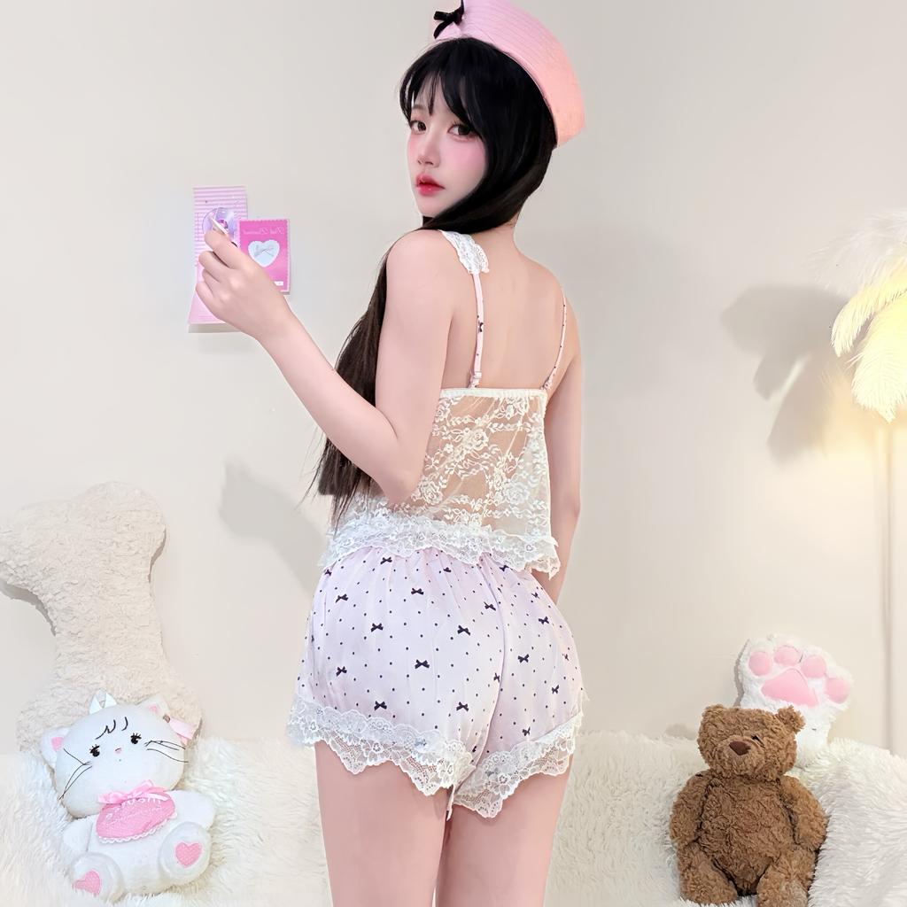 Sex underwear pure desire sexy ice silk women's halter lace bow hollow vest shorts loungewear two-piece set