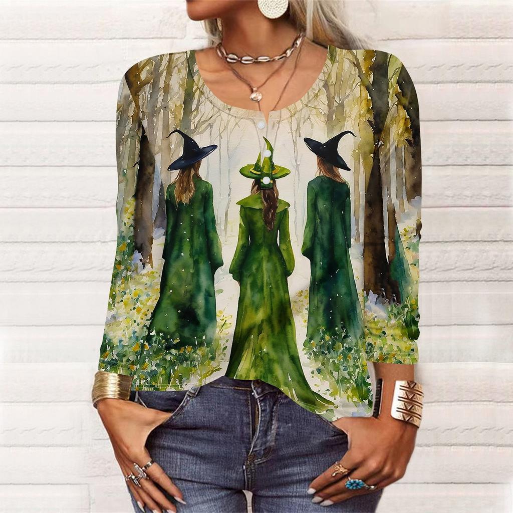 Langermede skjorter for kvinner Halloween-mønstret trykk grafisk t-skjorter bluser casual pluss størrelse basis topper genser