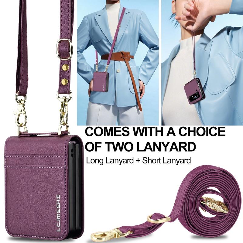 Handyhülle für Samsung Galaxy Z Flip 7 6 5 4 3 Flip6 Flip5 Flip4 Mit langem Lanyard Lederbrieftasche Kartenhülle Crossbody-Tasche Rückentasche