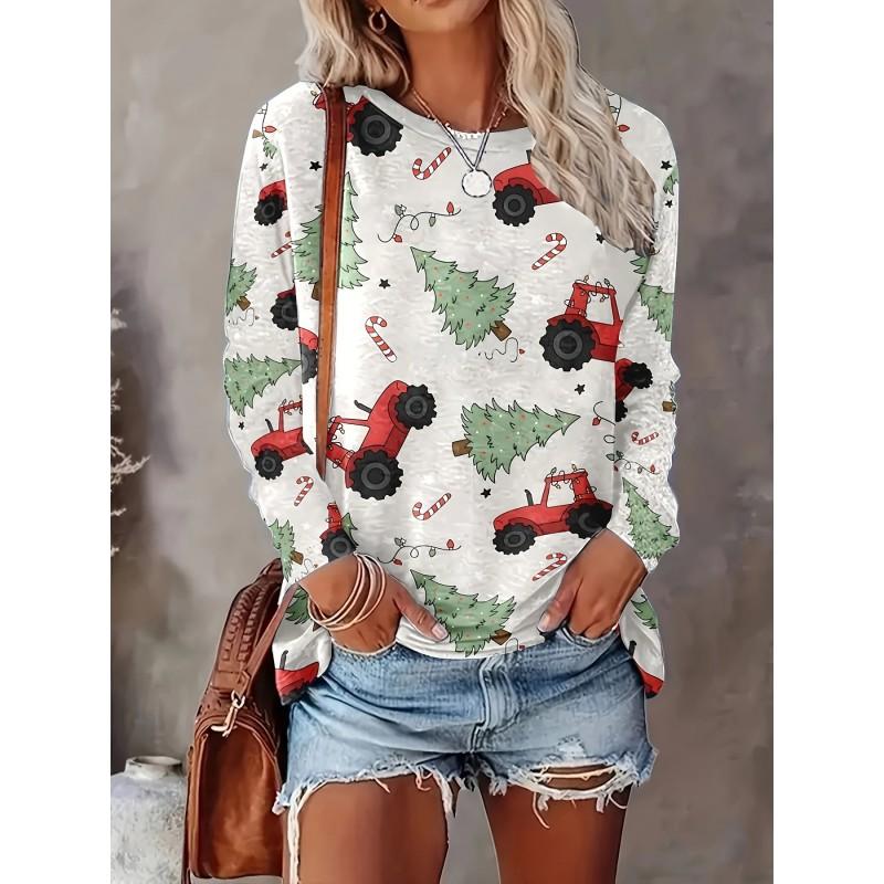 Womens Loose Fit Long Sleeve Round Neck T-Shirt With 3D Dinosaur Christmas Tree Print Milk Silk Fabric