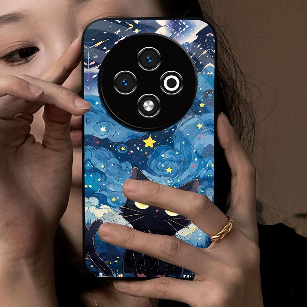 Case for TECNO SPARK 30C 4G Anime Black Cat Starry Cloud Print Phone Cover Acrylic Hard Back Shell With Flexible TPU Edge
