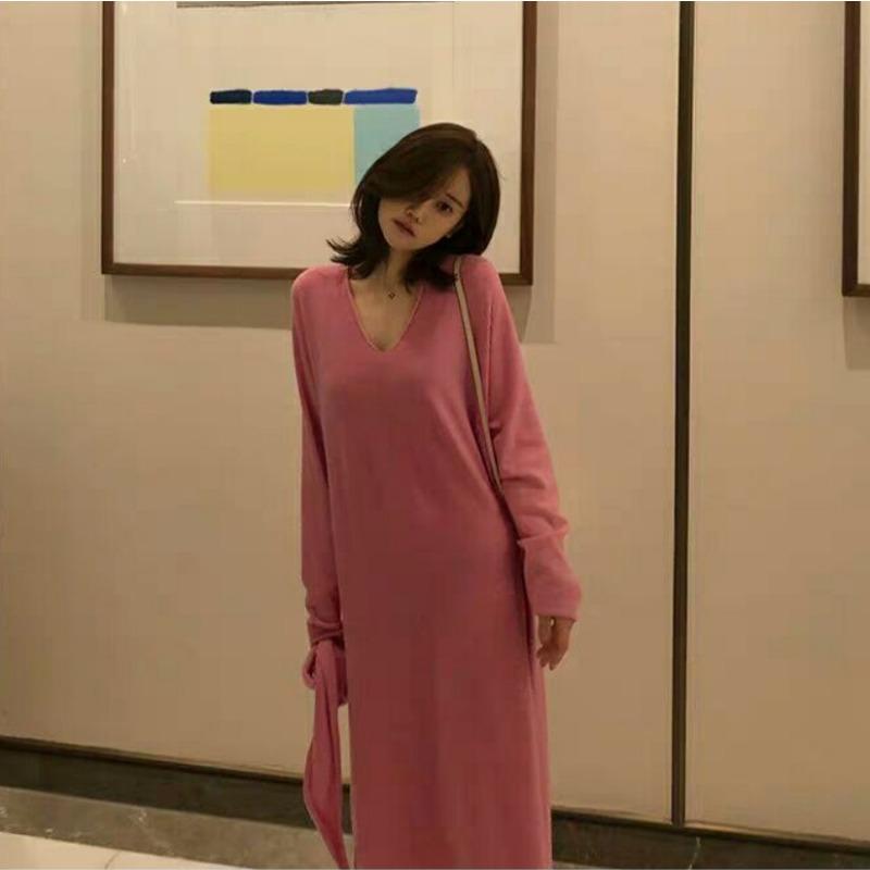 Autumn temperament women's clothing new loose lazy style hooded knitted skirt medium and long bottom dress