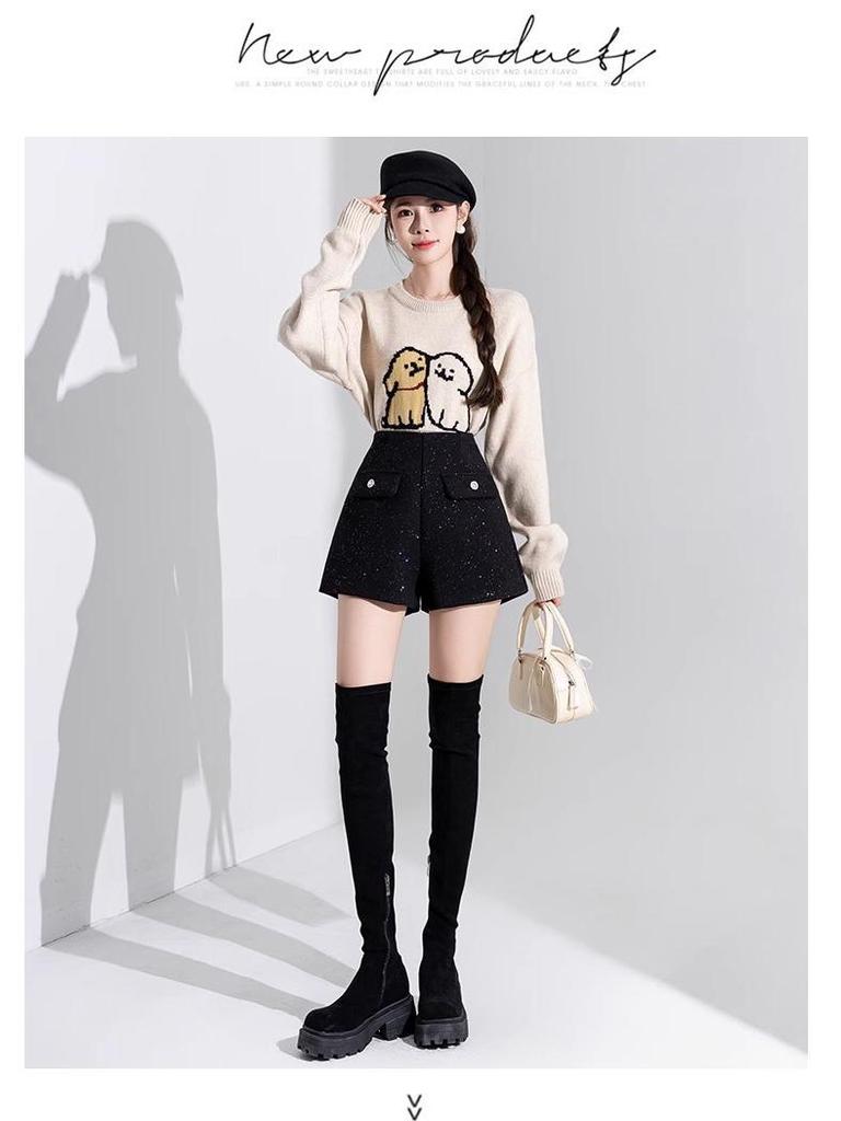 High-Waisted Black Sequin Woolen Shorts for Women - Winter 2026 A-Line Slimming Style, Perfect with Boots and Outerwear