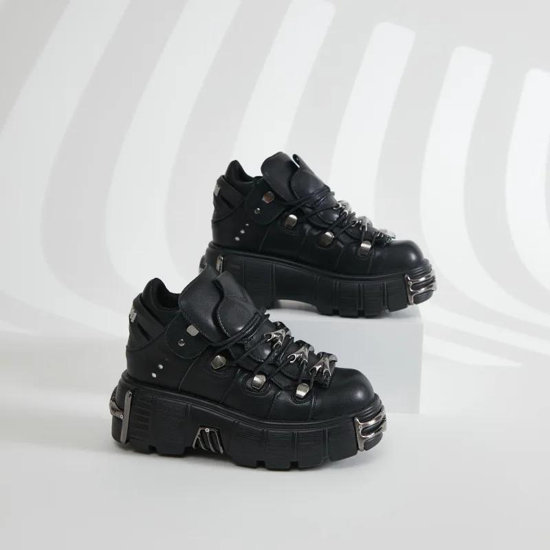 Fashion Spring and Autumn New Women's Shoes Heavy Metal Thick Soles Increase High and Low Punk Small Leather Shoes Black Motorcycle Boot